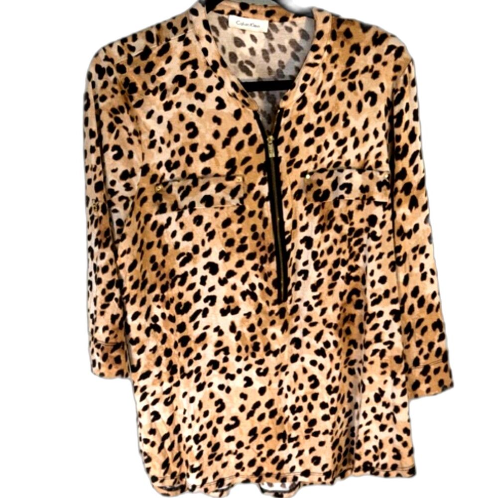 Calvin Klein Leopard Print Zip Front Blouse Top Brown Black Size XL